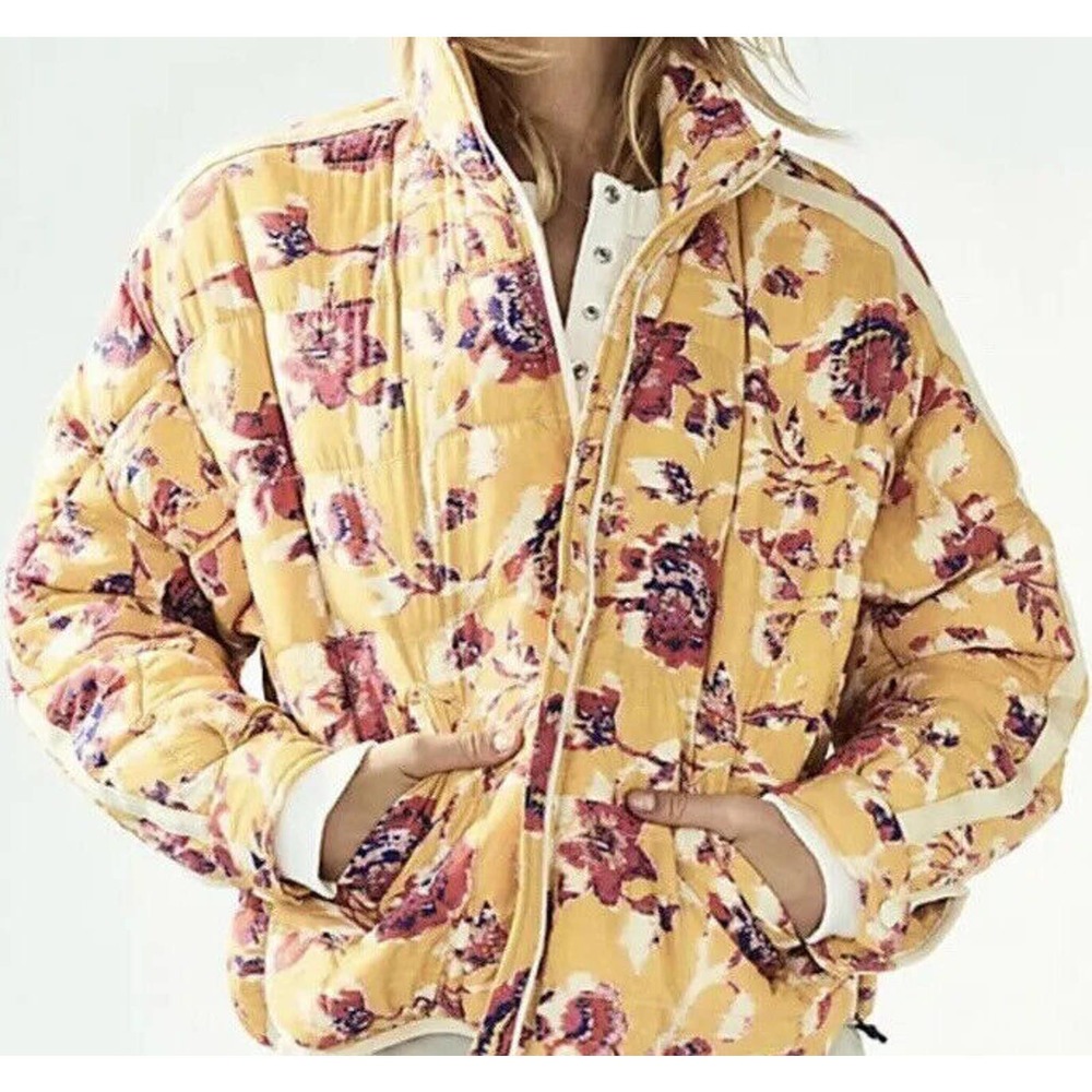 Free People Printed Pippa Packable Puffer Coat Yellow Floral Size XS New